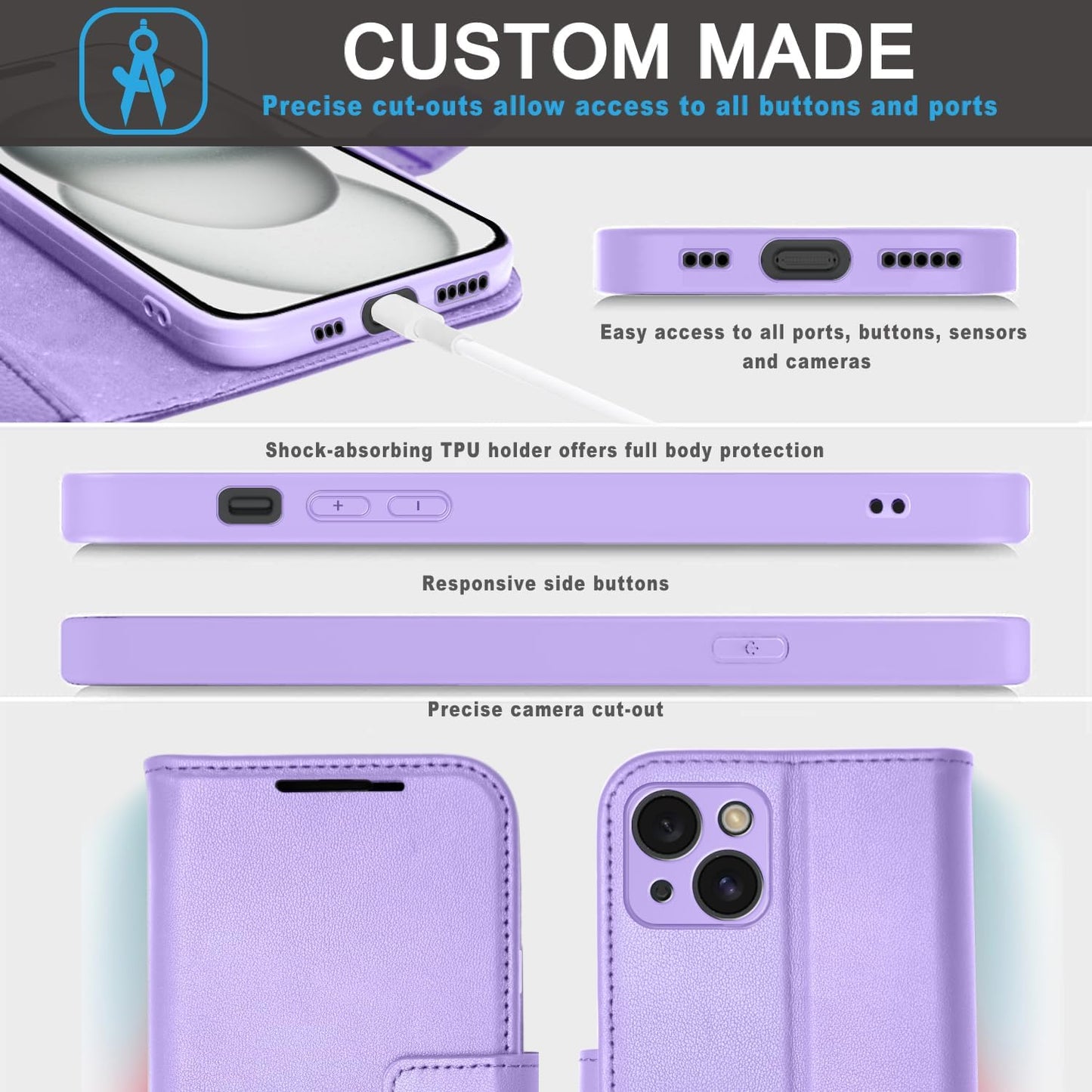 [Leather Wallet Case] Genuine Leather [RFID Blocking] Magnetic Flip Case with Card & Slots and Stand For iPhone 15 6.1"