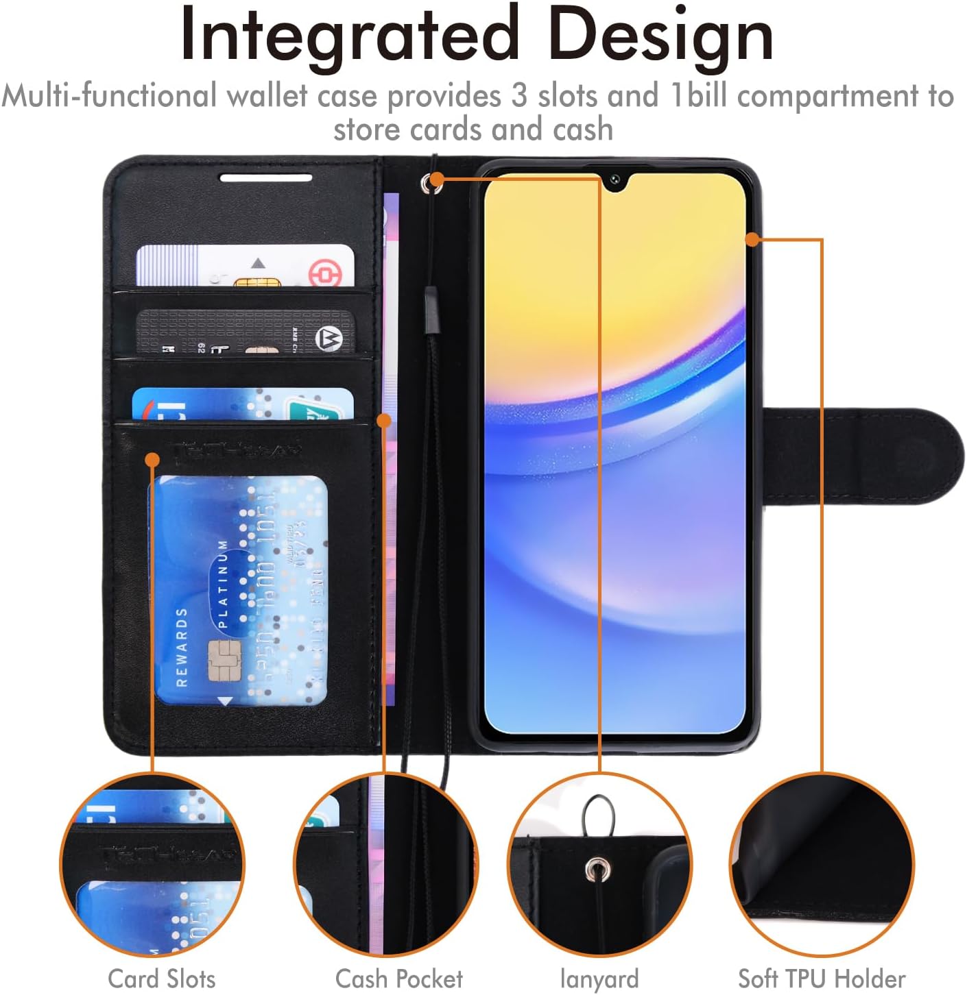 [Leather Wallet Case] Protective Cover with Cash & Card Holder, Stand and Wrist Strap For Samsung Galaxy A15 5g