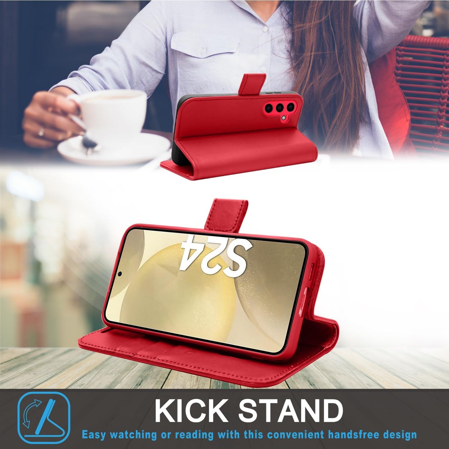 [Leather Wallet Case] Genuine Leather [RFID Blocking] Magnetic Flip Case with Card & Slots and Stand For Samsung Galaxy S24 5G