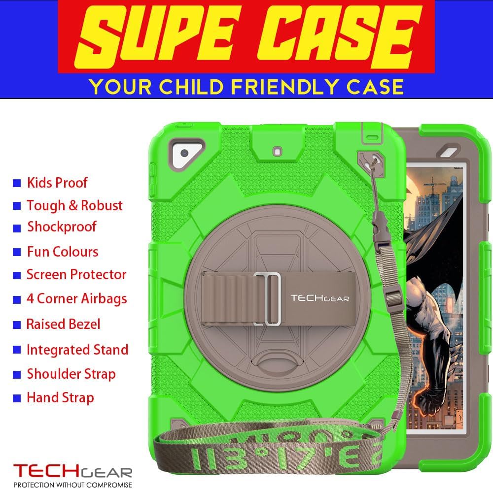 [SUPE Case] Tough Shockproof Fun Case with 360 Rotating Stand, Hand & Shoulder Strap for Apple iPad 10.2" 2021- 2019 [9th - 7th Gen] & iPad Air 3