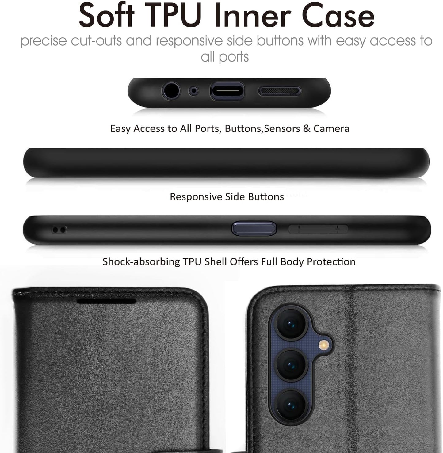 [Leather Wallet Case] Protective Cover with Cash & Card Holder, Stand and Wrist Strap For Samsung Galaxy A25 5G