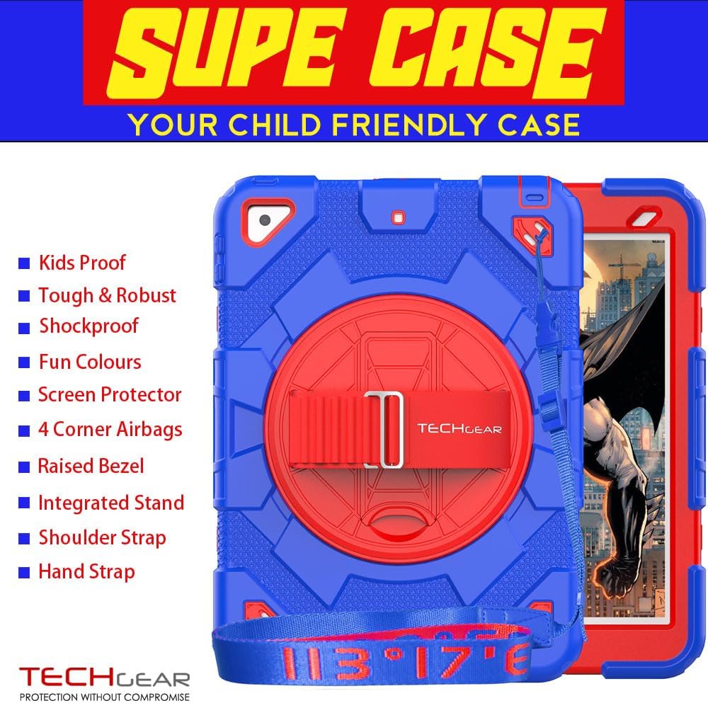 [SUPE Case] Tough Shockproof Fun Case with 360 Rotating Stand, Hand & Shoulder Strap for Apple iPad 10.2" 2021- 2019 [9th - 7th Gen] & iPad Air 3