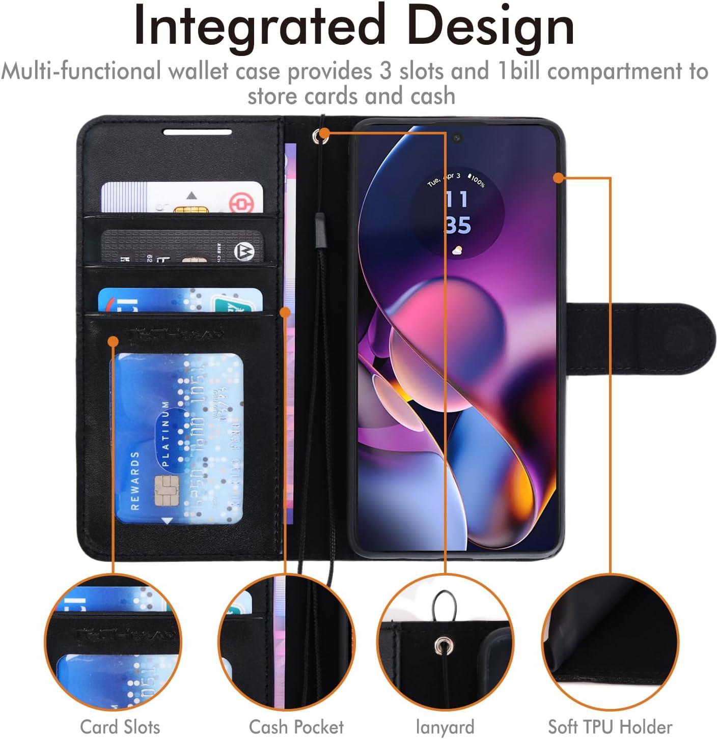 [Leather Wallet Case] Protective Cover with Cash & Card Holder, Stand and Wrist Strap For Motorola Moto G54 5G