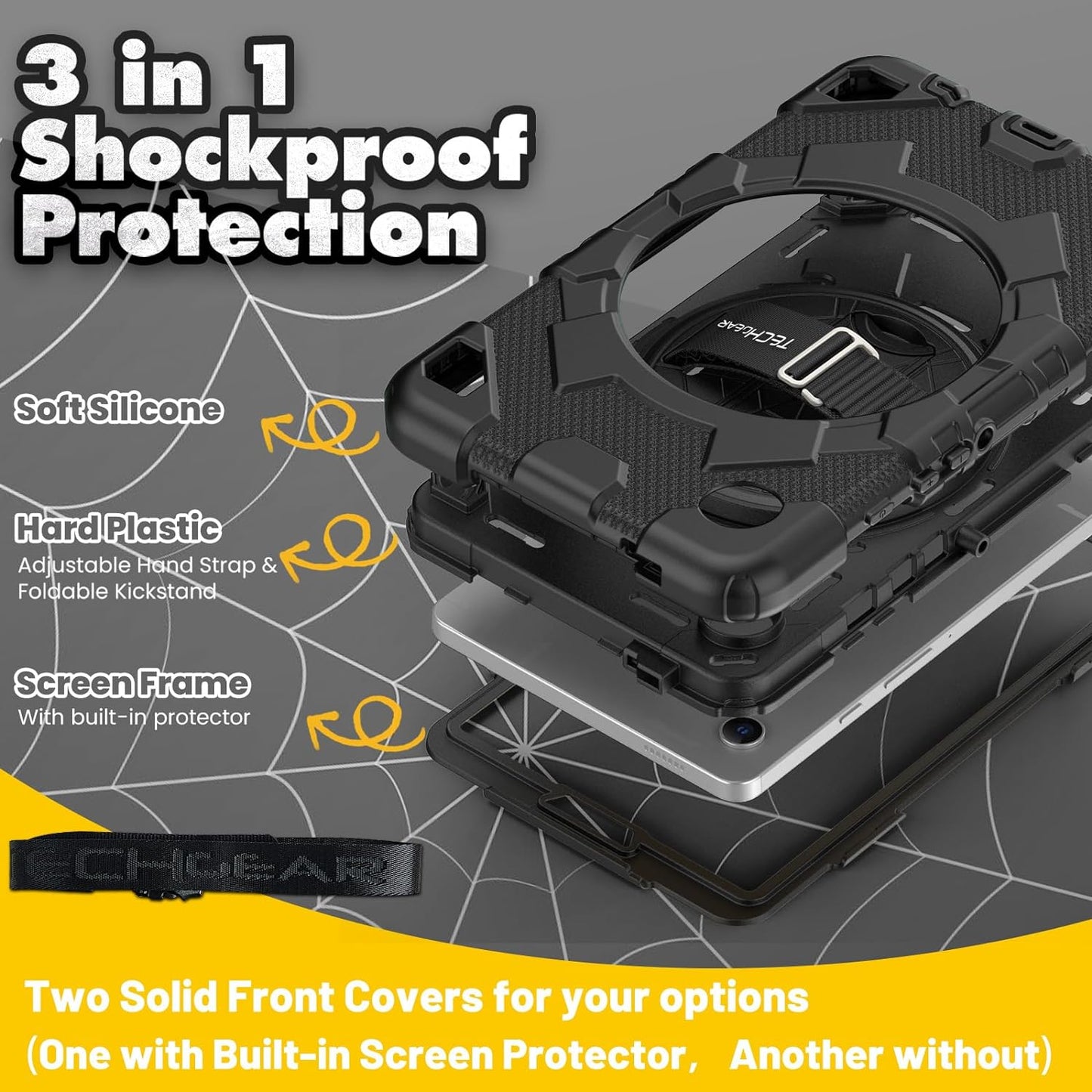 [SUPE Case] Tough Shockproof Fun Case with 360 Rotating Stand, Hand & Shoulder Strap for Samsung Galaxy Tab A9 8.7" (SM-X110 / SM-X115)