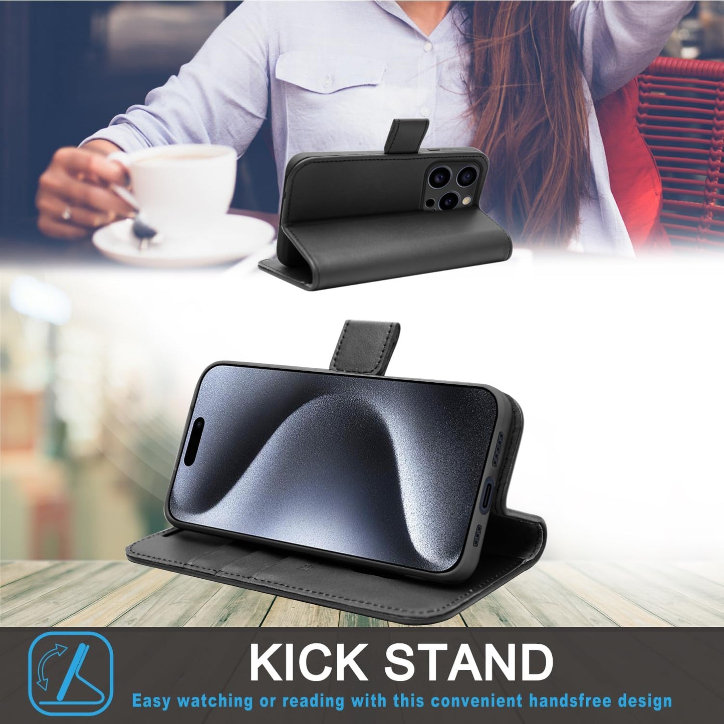 [Leather Wallet Case] Genuine Leather [RFID Blocking] Magnetic Flip Case with Card & Slots and Stand For iPhone 15 Pro