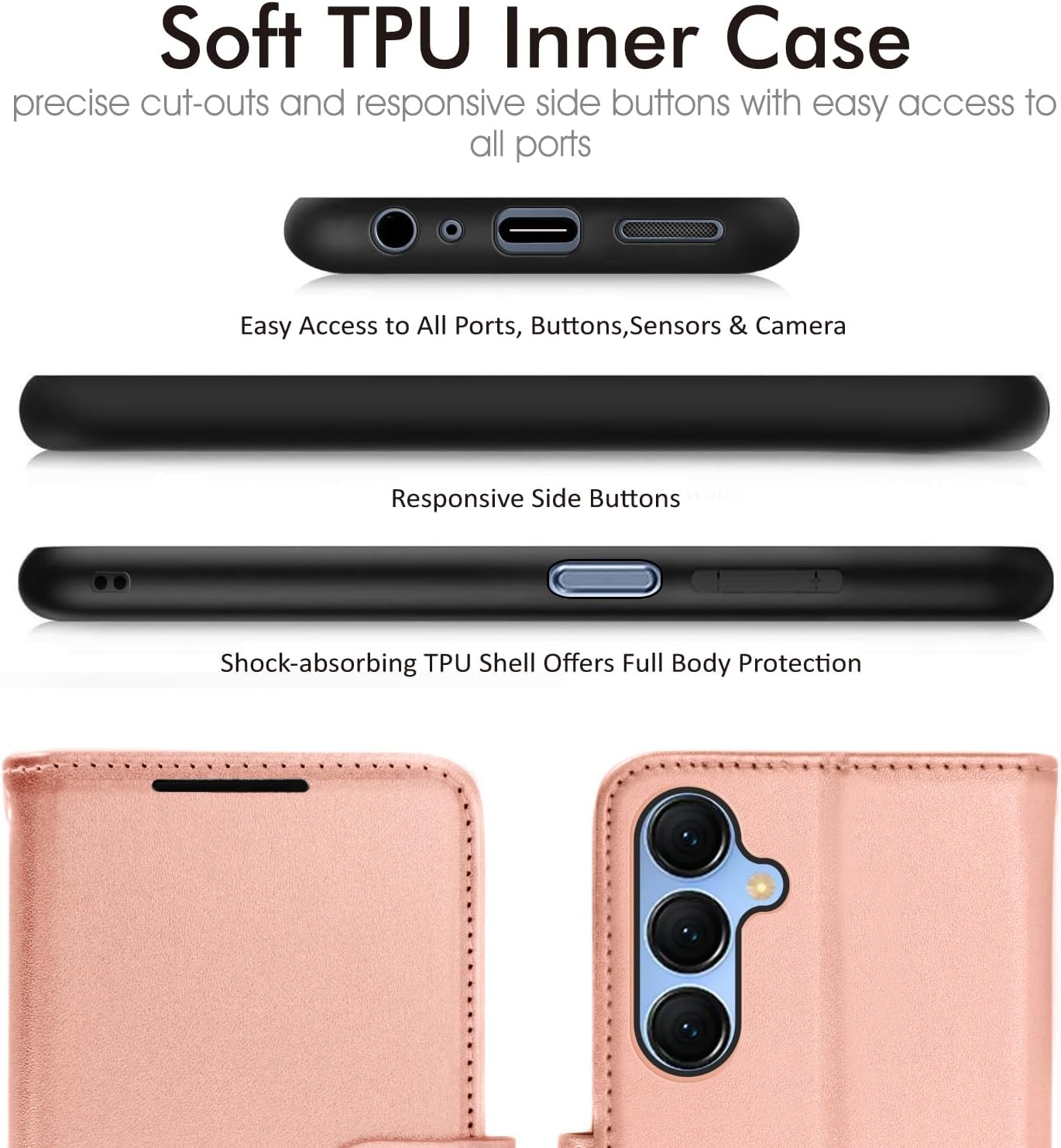 [Leather Wallet Case] Protective Cover with Cash & Card Holder, Stand and Wrist Strap For Samsung Galaxy A15 5g
