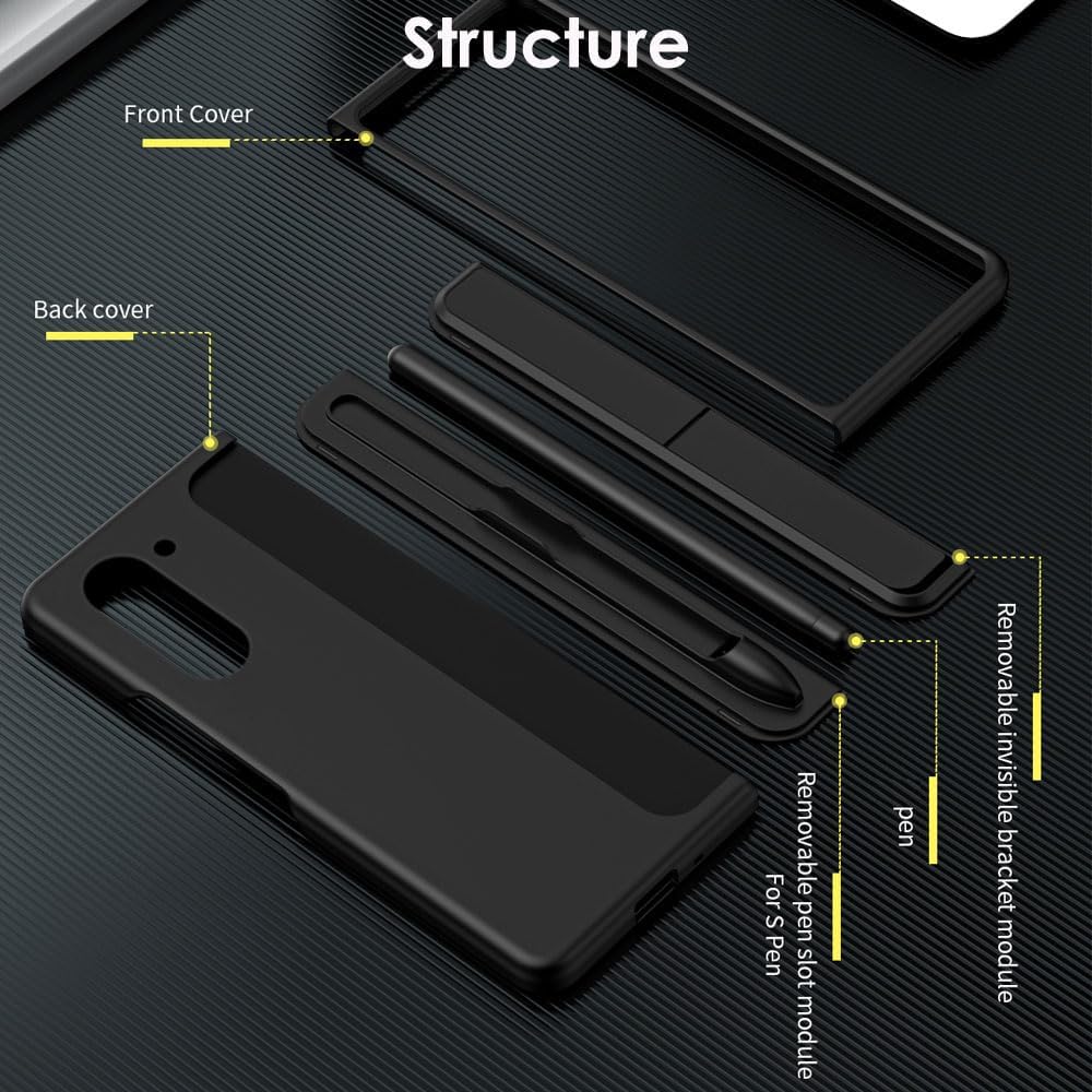 Samsung Galaxy Z Fold 5 Phone Case, [Interchangeable S-Pen Holder / Kickstand] [Front Screen Frame] Ultra-thin Hard PC Bumper Full Protective Cover