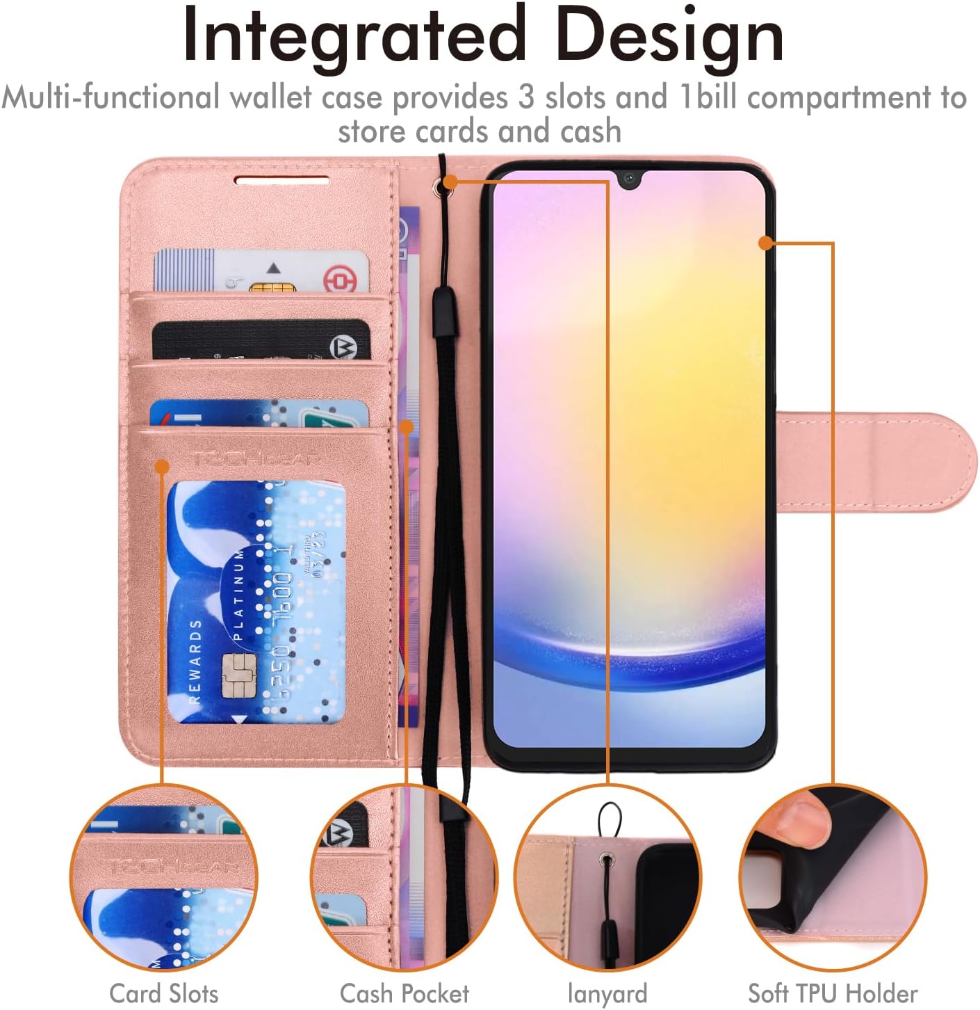 [Leather Wallet Case] Protective Cover with Cash & Card Holder, Stand and Wrist Strap For Samsung Galaxy A25 5G