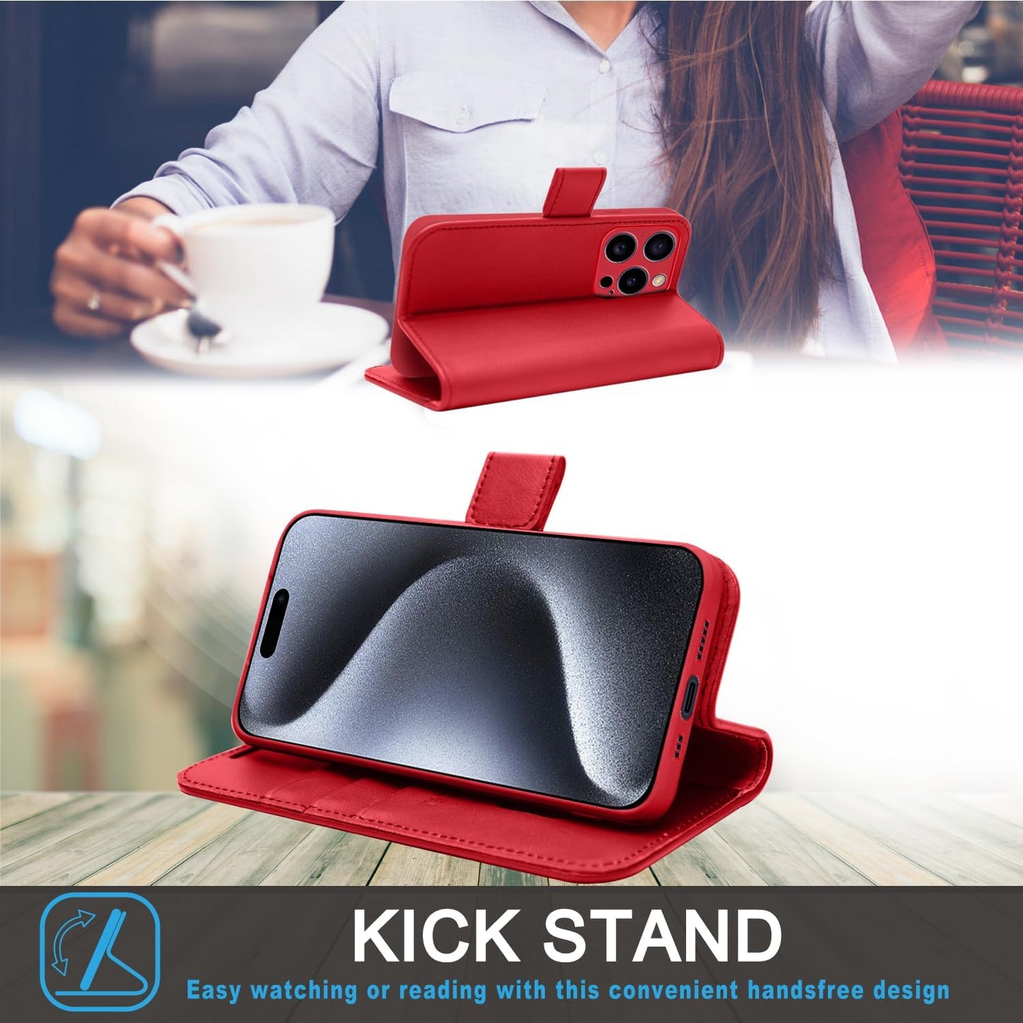 [Leather Wallet Case] Genuine Leather [RFID Blocking] Magnetic Flip Case with Card & Slots and Stand For iPhone 15 Pro