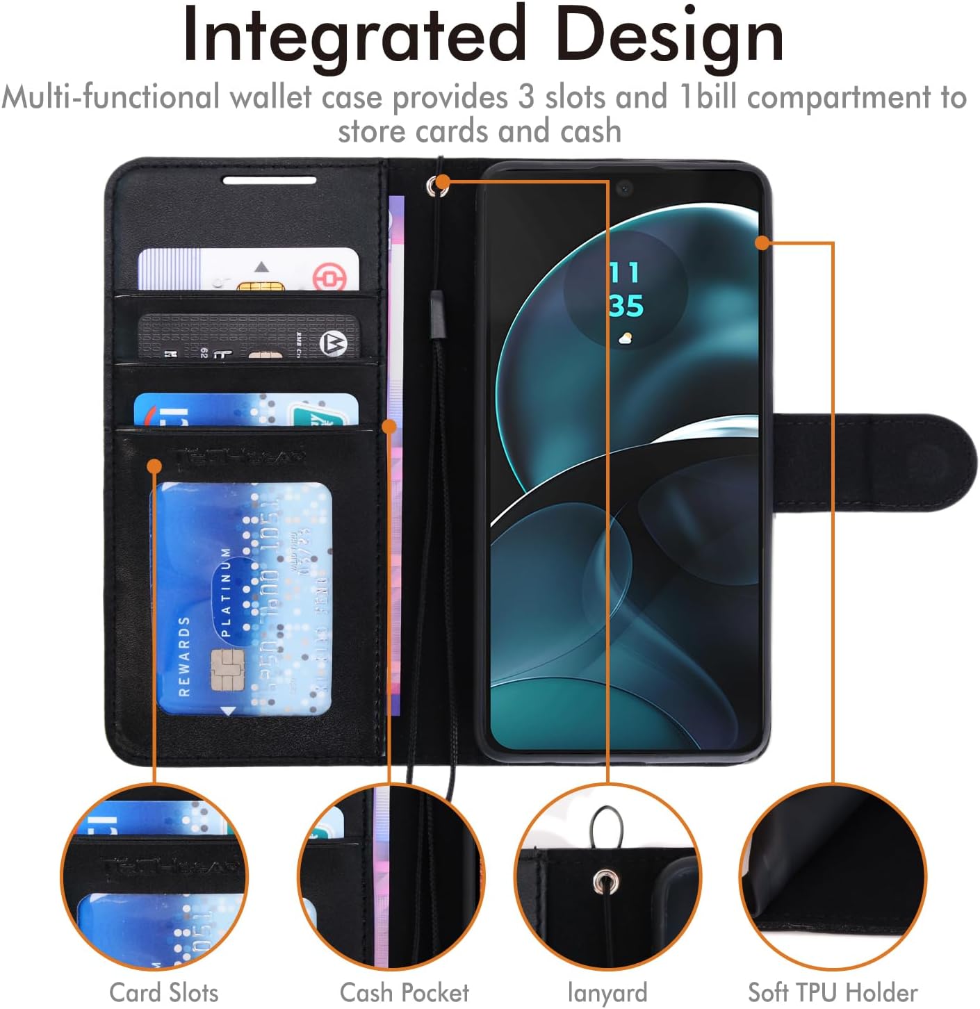 [Leather Wallet Case] Protective Cover with Cash & Card Holder, Stand and Wrist Strap For Motorola Moto G14