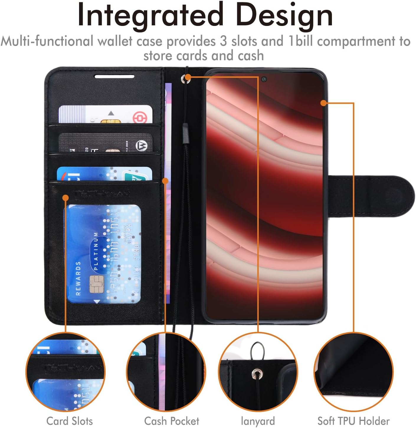 [Leather Wallet Case] Protective Cover with Cash & Card Holder, Stand and Wrist Strap For Nothing Phone 2a