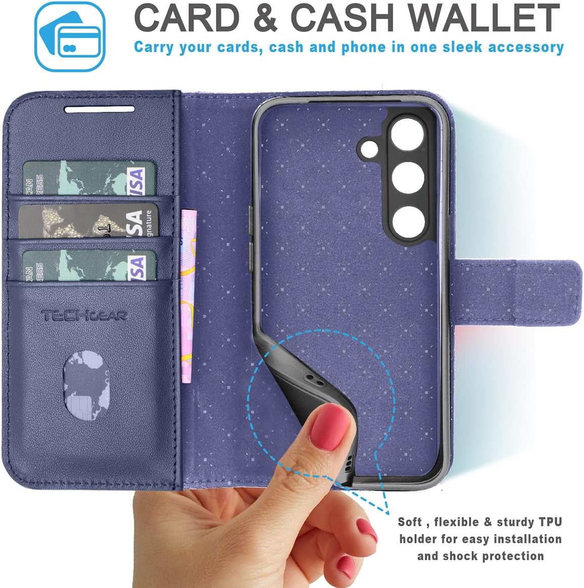 [Leather Wallet Case] Genuine Leather [RFID Blocking] Magnetic Flip Case with Card & Slots and Stand For Samsung Galaxy S24 Plus