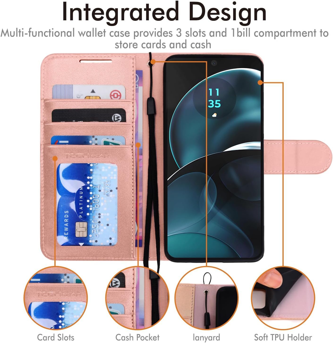 [Leather Wallet Case] Protective Cover with Cash & Card Holder, Stand and Wrist Strap For Motorola Moto G14