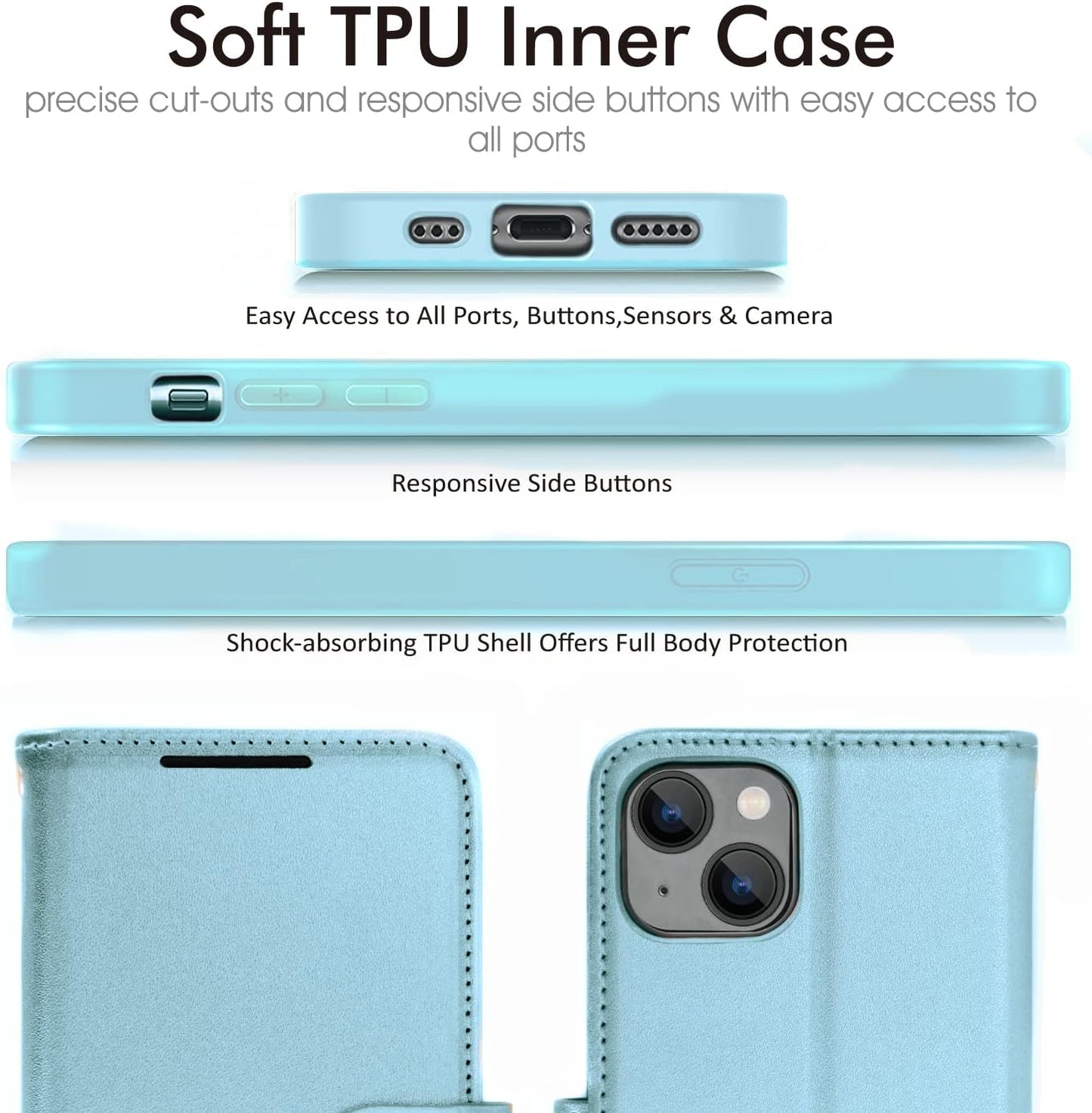 [Wallet Case] Protective Cover with Cash & Card Holder, Stand and Wrist Strap For Apple iPhone 15
