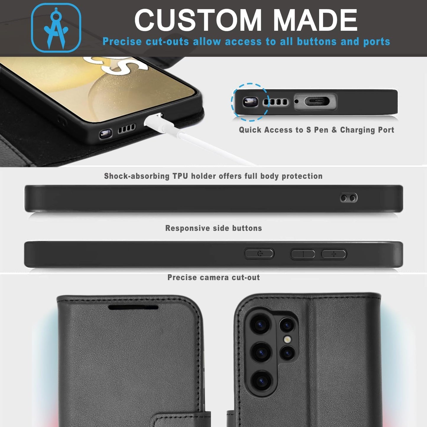 [Leather Wallet Case] Genuine Leather [RFID Blocking] Magnetic Flip Case with Card & Slots and Stand For Samsung Galaxy S24 Ultra