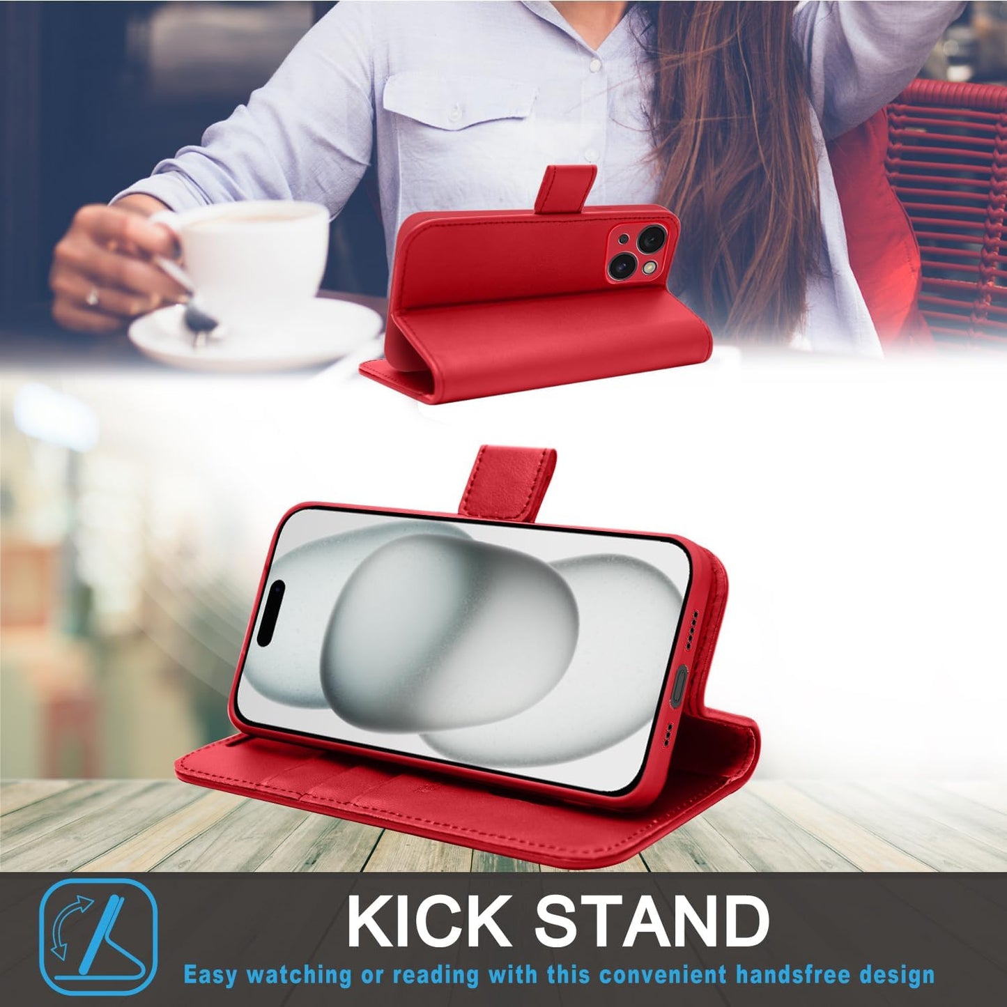 [Leather Wallet Case] Genuine Leather [RFID Blocking] Magnetic Flip Case with Card & Slots and Stand For iPhone 15 6.1"