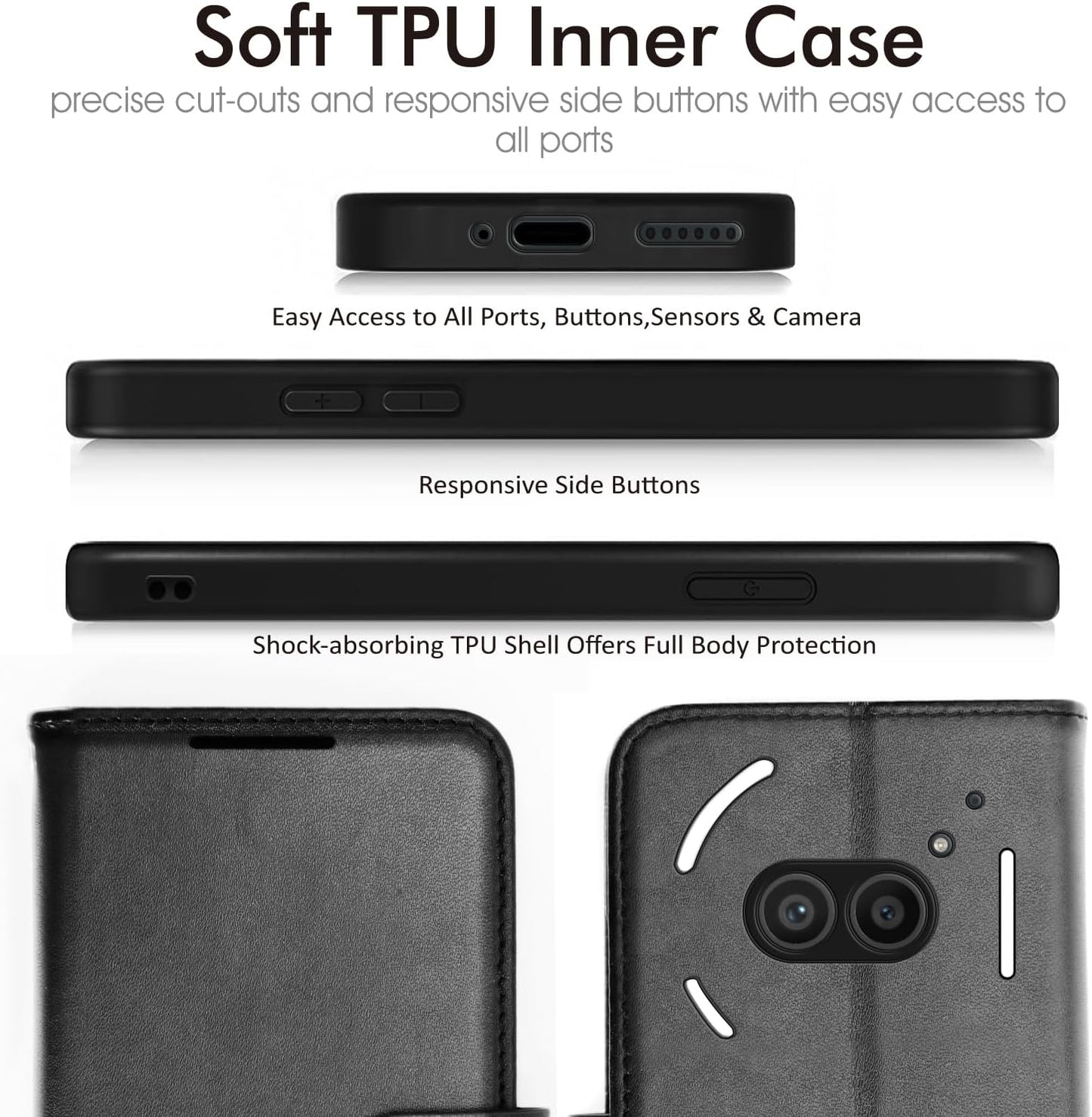 [Leather Wallet Case] Protective Cover with Cash & Card Holder, Stand and Wrist Strap For Nothing Phone 2a