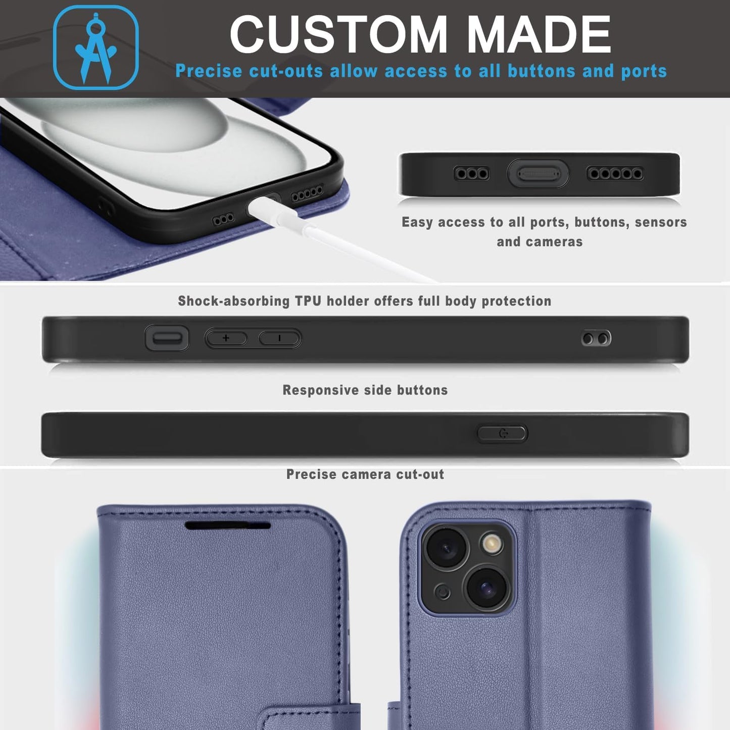 [Leather Wallet Case] Genuine Leather [RFID Blocking] Magnetic Flip Case with Card & Slots and Stand For iPhone 15 6.1"
