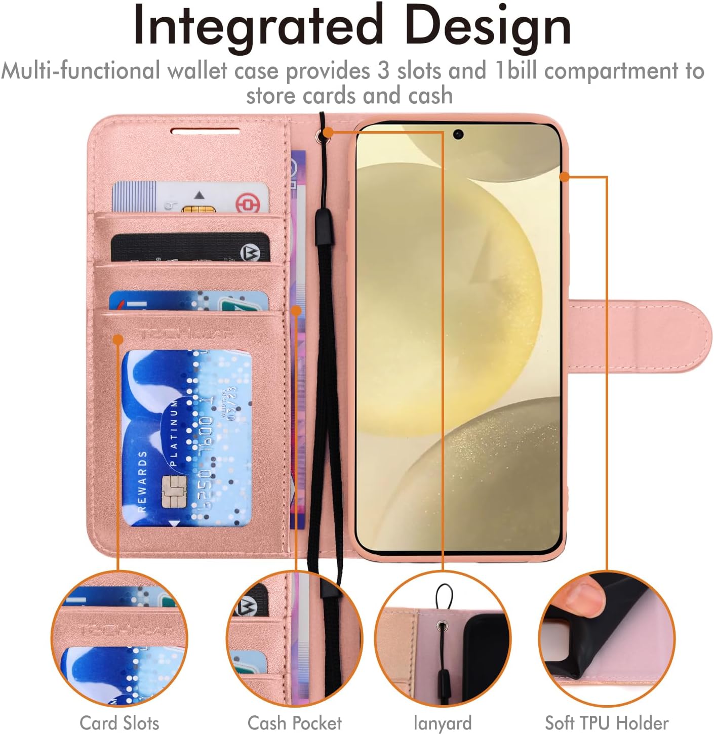 [Wallet Case] Protective Cover with Cash & Card Holder, Stand and Wrist Strap For Samsung Galaxy S24 Plus