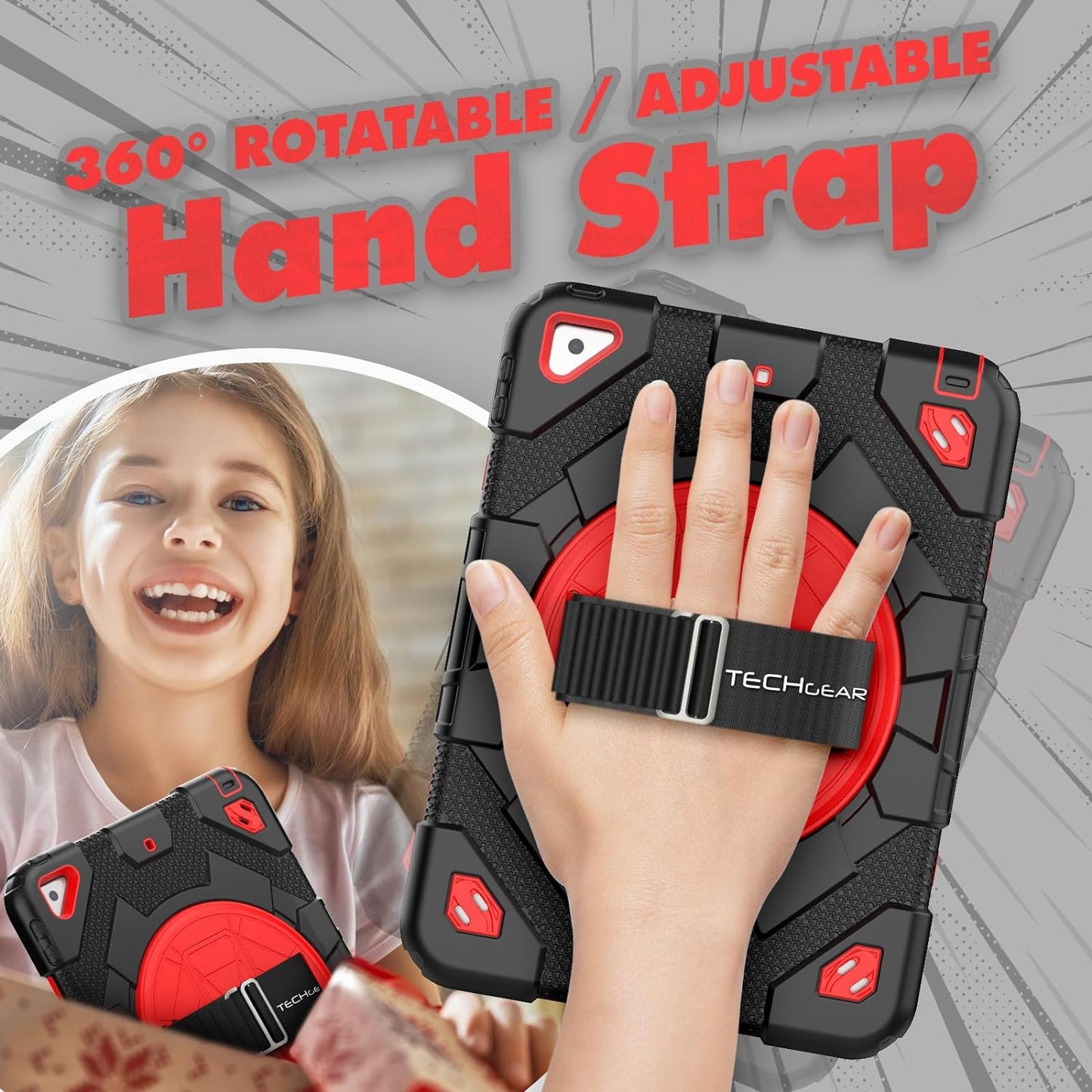 [SUPE Case] Tough Shockproof Fun Case with 360 Rotating Stand, Hand & Shoulder Strap for Apple iPad 10.2" 2021- 2019 [9th - 7th Gen] & iPad Air 3