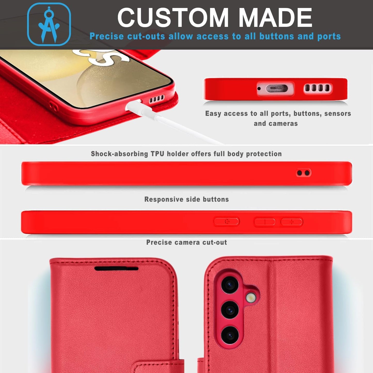 [Leather Wallet Case] Genuine Leather [RFID Blocking] Magnetic Flip Case with Card & Slots and Stand For Samsung Galaxy S24 5G