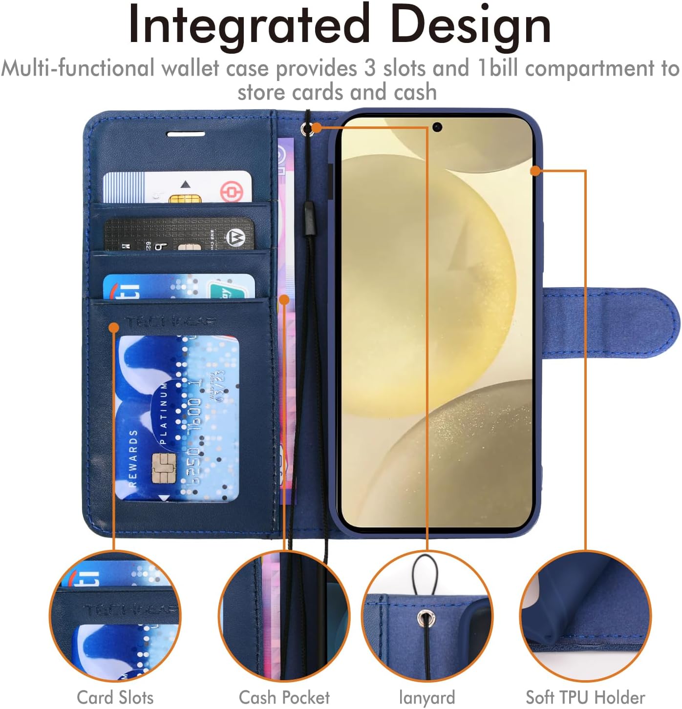 [Wallet Case] Protective Cover with Cash & Card Holder, Stand and Wrist Strap For Samsung Galaxy S24 Plus