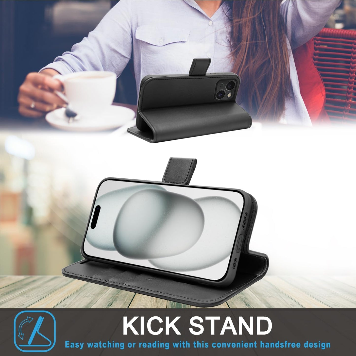 [Leather Wallet Case] Genuine Leather [RFID Blocking] Magnetic Flip Case with Card & Slots and Stand For iPhone 15 6.1"