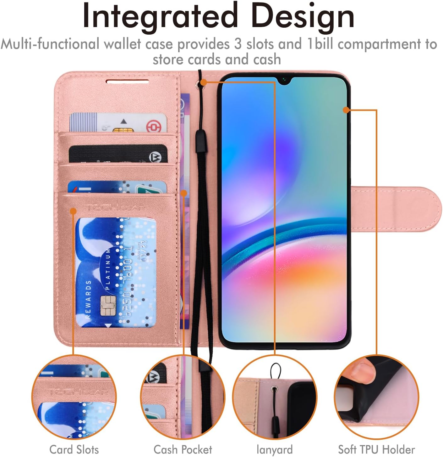 [Leather Wallet Case] Protective Cover with Cash & Card Holder, Stand and Wrist Strap For Samsung Galaxy A05s