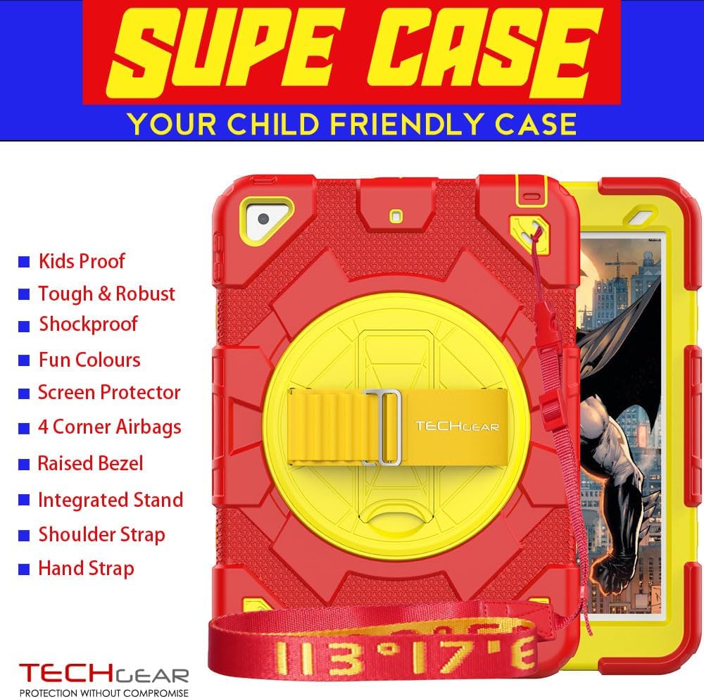 [SUPE Case] Tough Shockproof Fun Case with 360 Rotating Stand, Hand & Shoulder Strap for Apple iPad 10.2" 2021- 2019 [9th - 7th Gen] & iPad Air 3