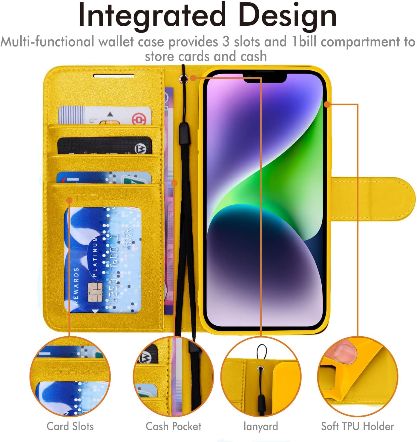 [Wallet Case] Protective Cover with Cash & Card Holder, Stand and Wrist Strap For Apple iPhone 15