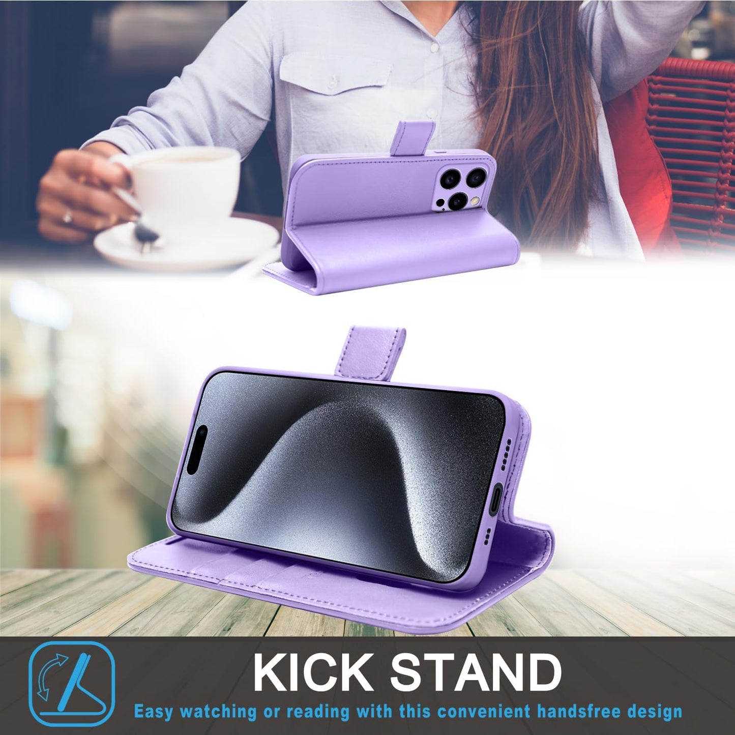[Leather Wallet Case] Genuine Leather [RFID Blocking] Magnetic Flip Case with Card & Slots and Stand For iPhone 15 Pro