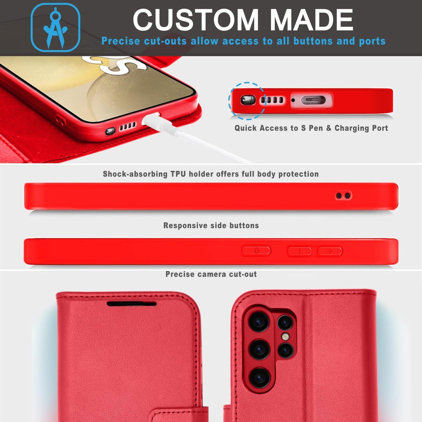 [Leather Wallet Case] Genuine Leather [RFID Blocking] Magnetic Flip Case with Card & Slots and Stand For Samsung Galaxy S24 Ultra