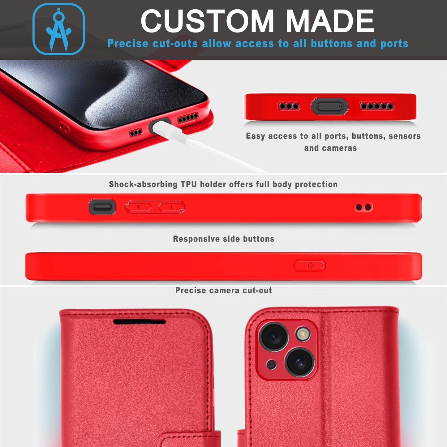 [Leather Wallet Case] Genuine Leather [RFID Blocking] Magnetic Flip Case with Card & Slots and Stand For iPhone 15 6.1"