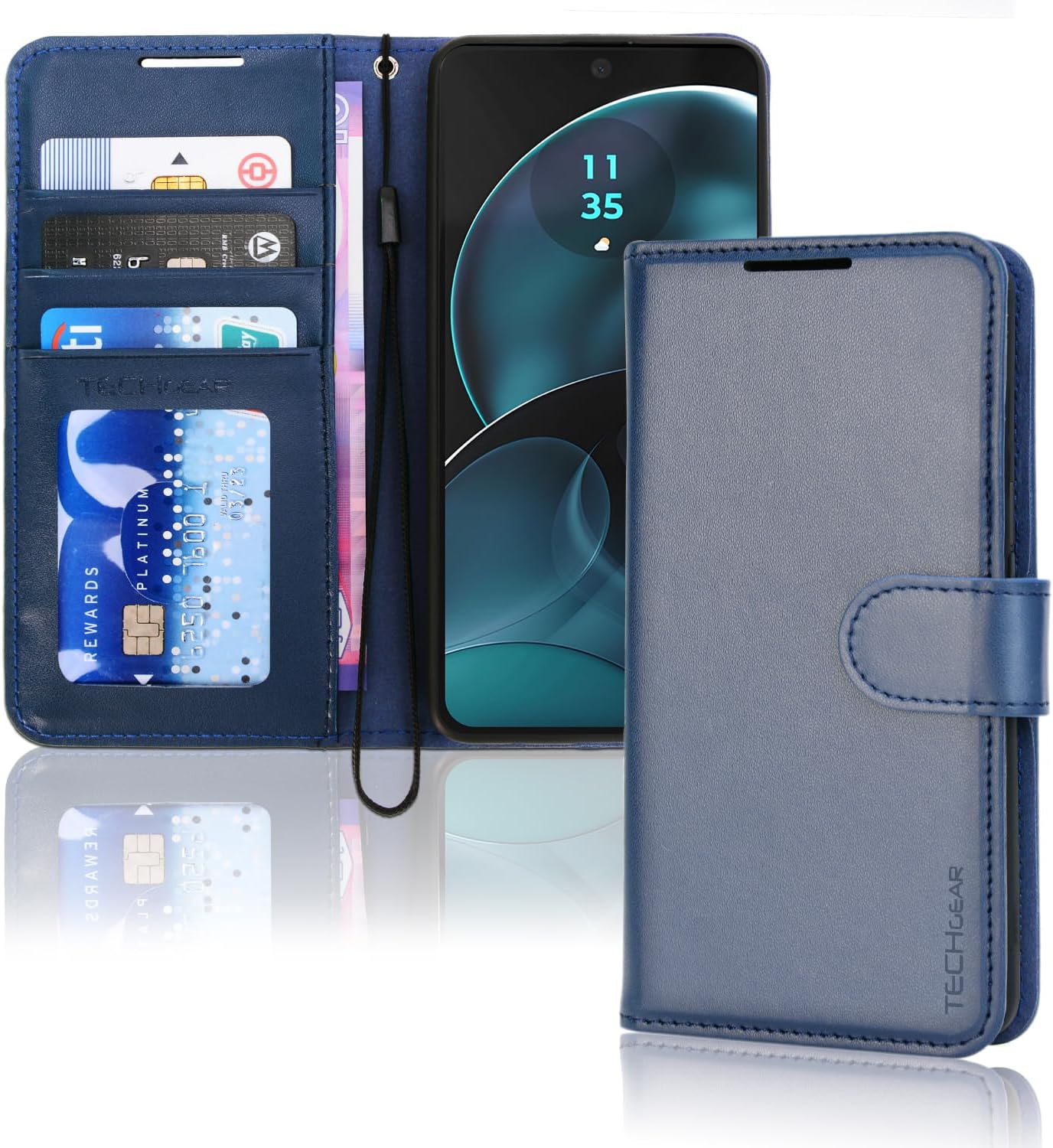 [Leather Wallet Case] Protective Cover with Cash & Card Holder, Stand and Wrist Strap For Motorola Moto G14