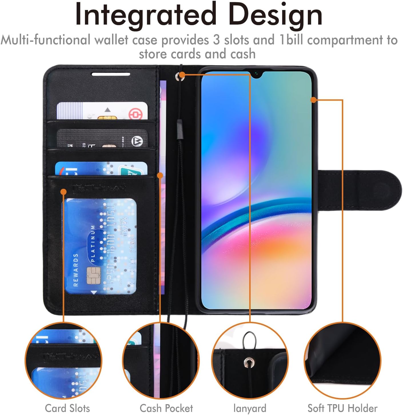 [Leather Wallet Case] Protective Cover with Cash & Card Holder, Stand and Wrist Strap For Samsung Galaxy A05s