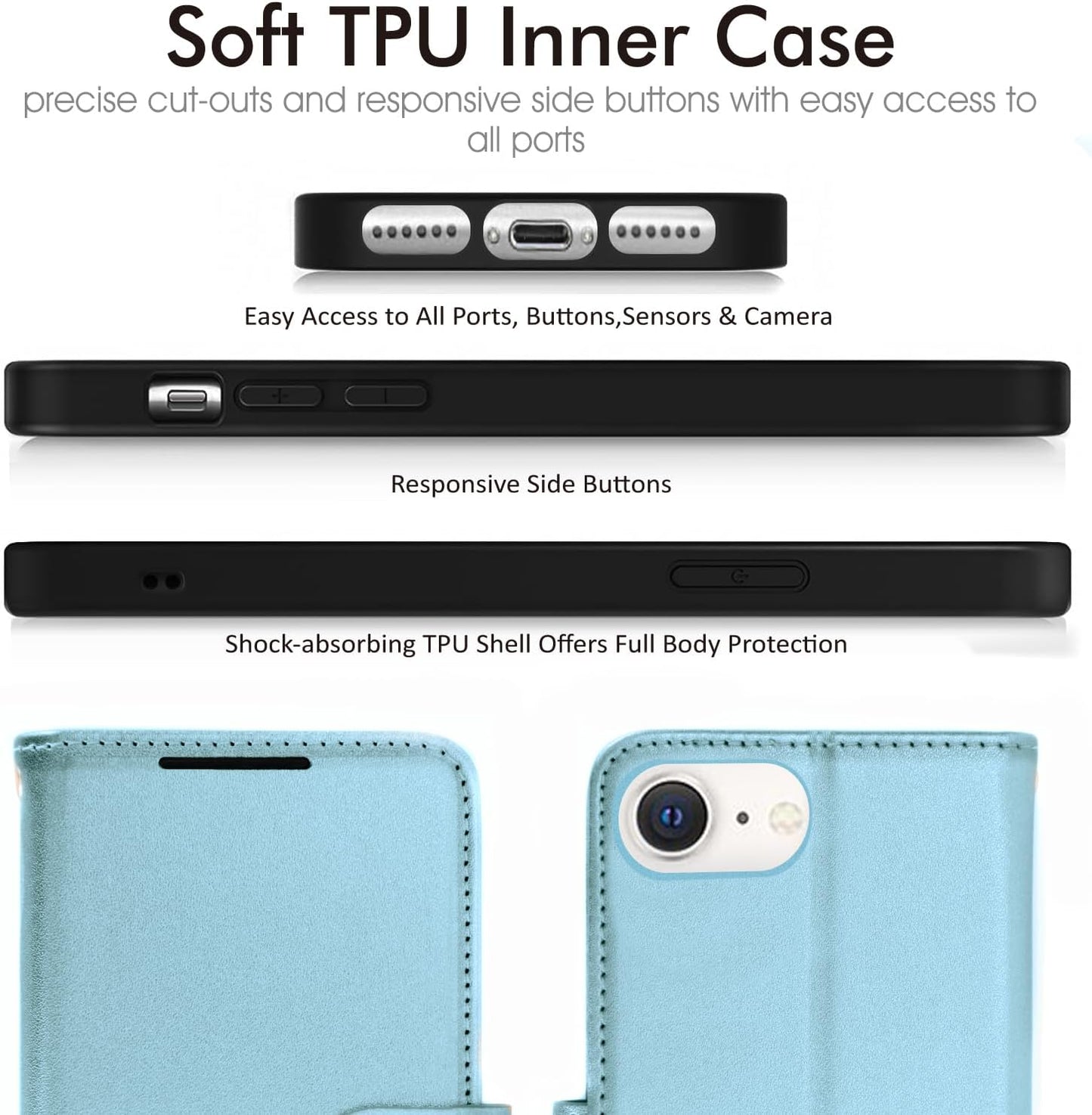 [Wallet Case] Protective Cover with Cash & Card Holder, Stand and Wrist Strap For Apple iPhone SE 3 / SE 2 / iPhone 8 7 6 6s 4.7"