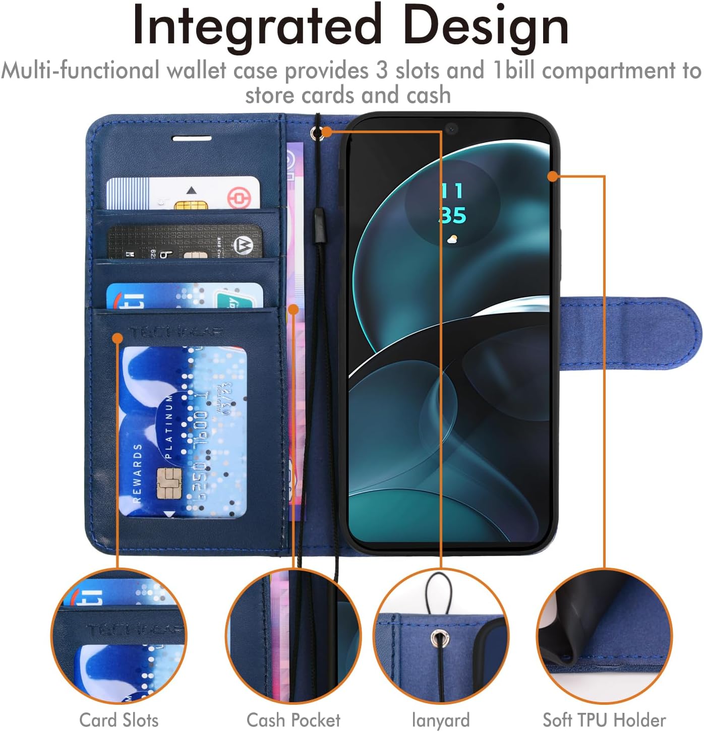 [Leather Wallet Case] Protective Cover with Cash & Card Holder, Stand and Wrist Strap For Motorola Moto G14
