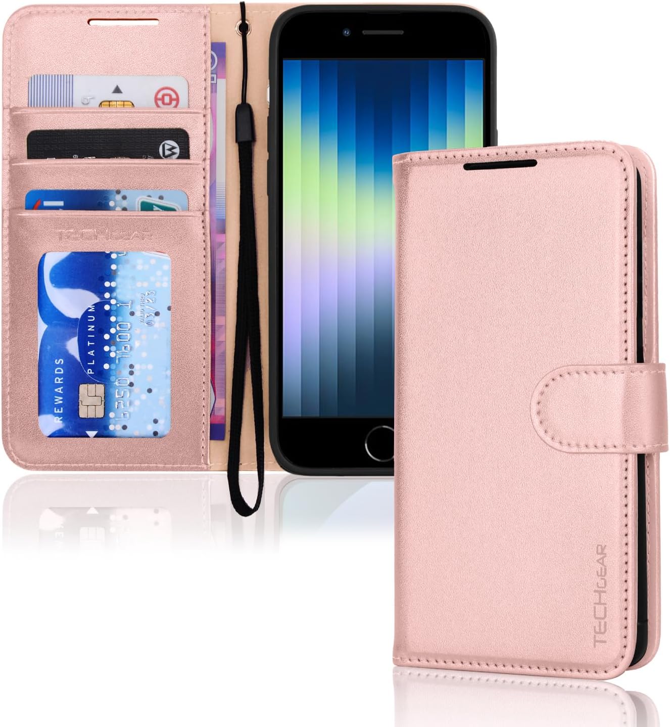 [Wallet Case] Protective Cover with Cash & Card Holder, Stand and Wrist Strap For Apple iPhone SE 3 / SE 2 / iPhone 8 7 6 6s 4.7"