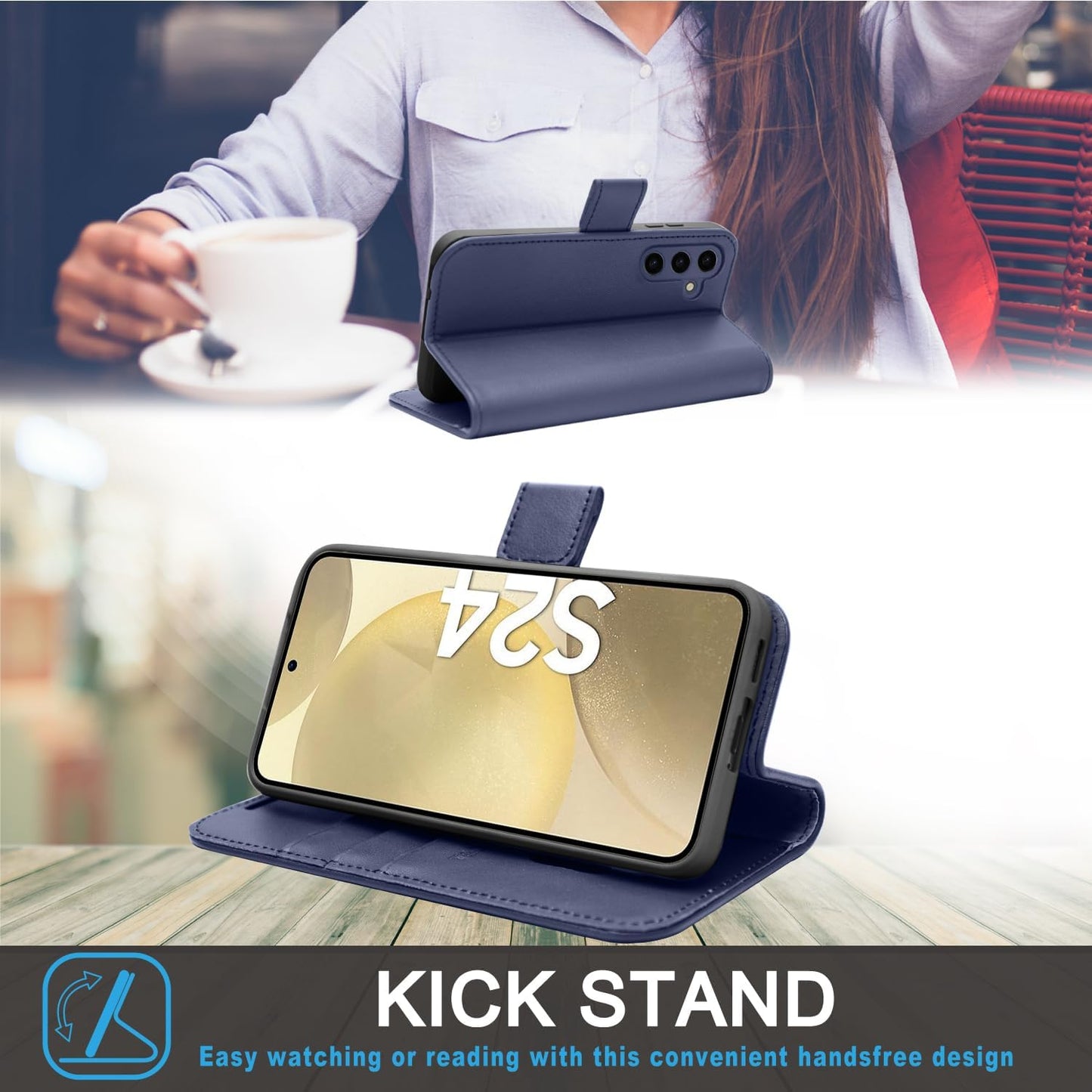[Leather Wallet Case] Genuine Leather [RFID Blocking] Magnetic Flip Case with Card & Slots and Stand For Samsung Galaxy S24 5G