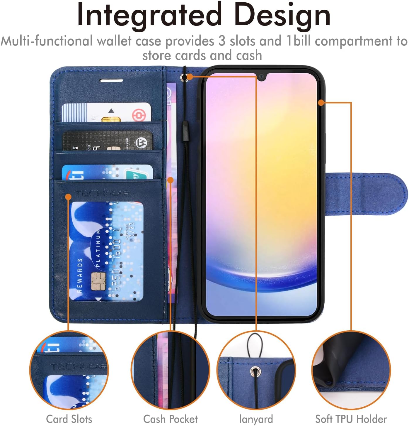 [Leather Wallet Case] Protective Cover with Cash & Card Holder, Stand and Wrist Strap For Samsung Galaxy A25 5G
