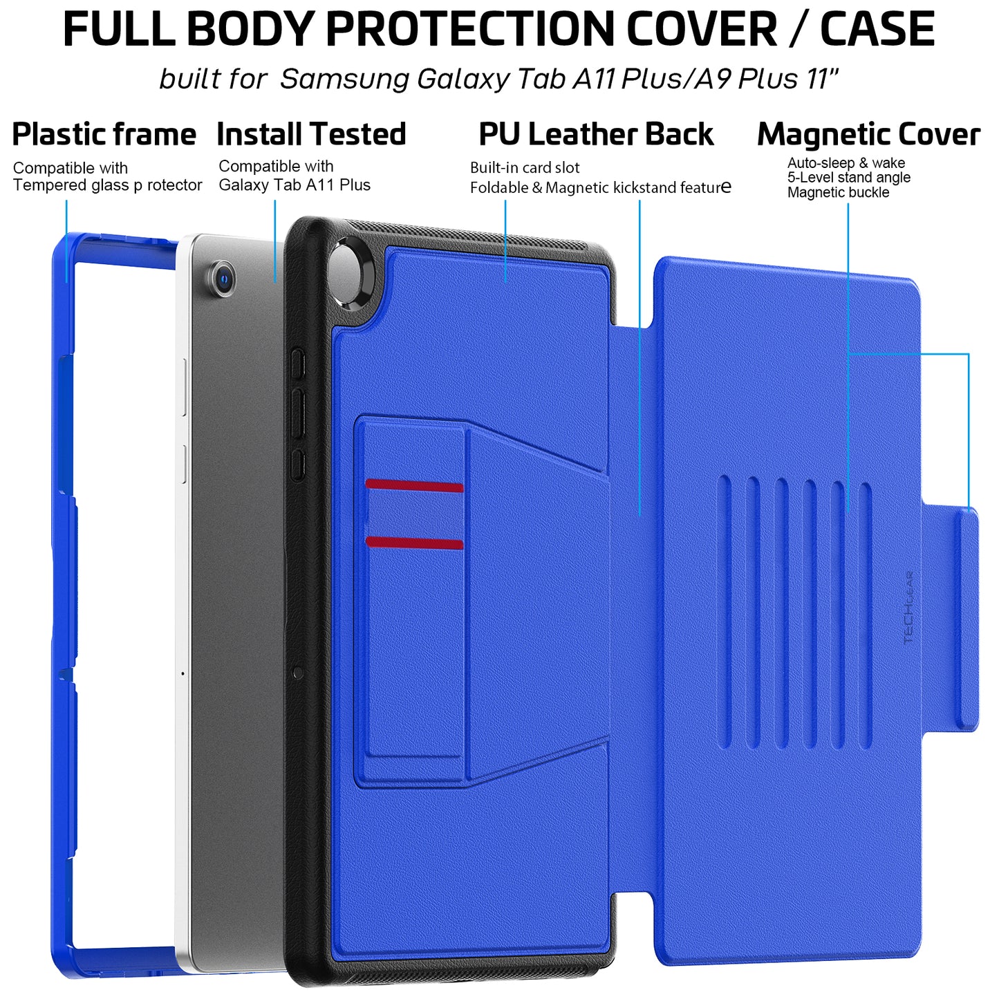 TECHGEAR Enduro Case for Samsung Galaxy Tab A11+ / A11 Plus 11"(SM-X230/X236) – Rugged Magnetic Smart Case with Stand, Card Slot & Trolley Compatible [Auto Sleep/Wake]