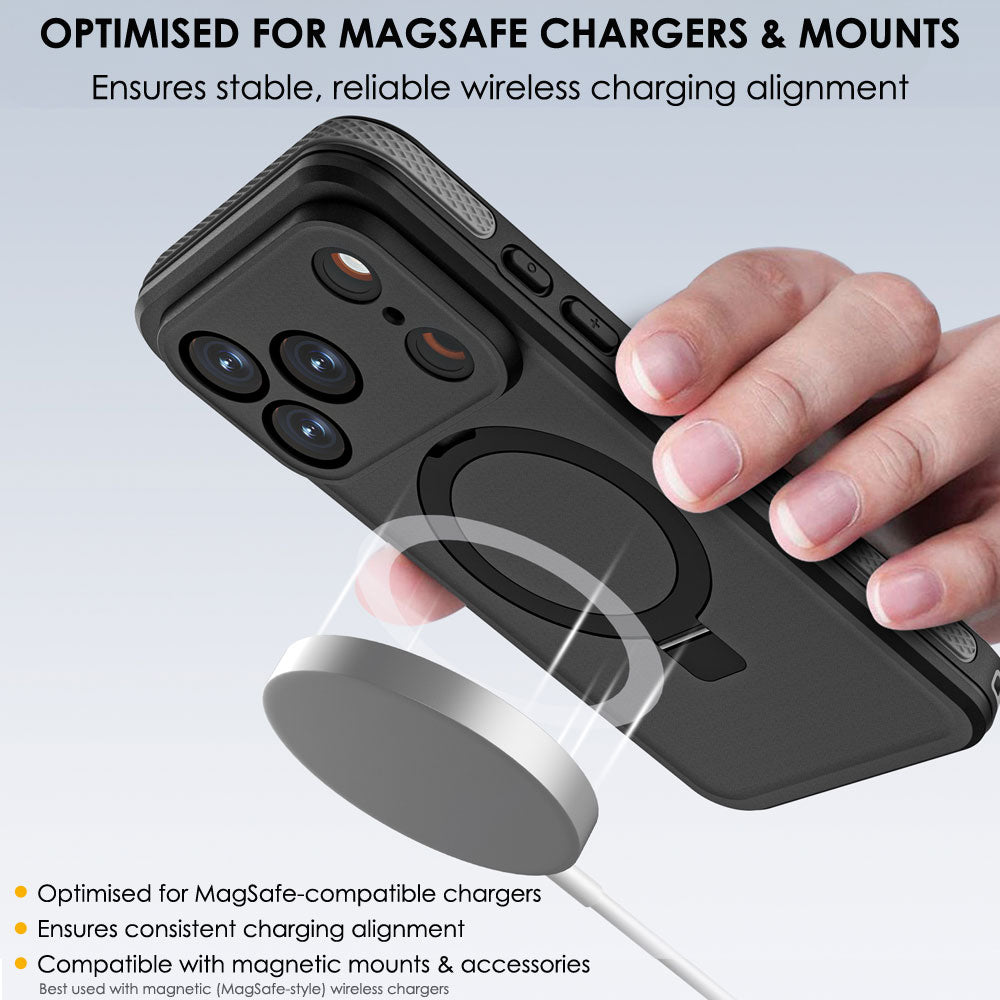 TECHGEAR Waterproof Magnetic Stand Case for iPhone 17 Pro 6.3" – IP68 Shockproof MagSafe Compatible Cover (Black / Orange)