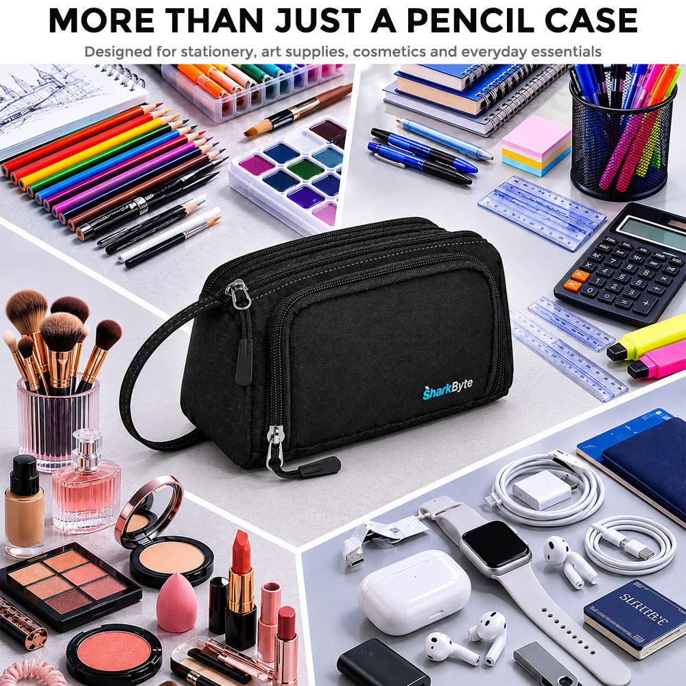 SharkByte Large Pencil Case Organiser - Big Capacity Stationery Storage Pouch with Compartments for School, College, Study, Office, Travel & Everyday Organisation