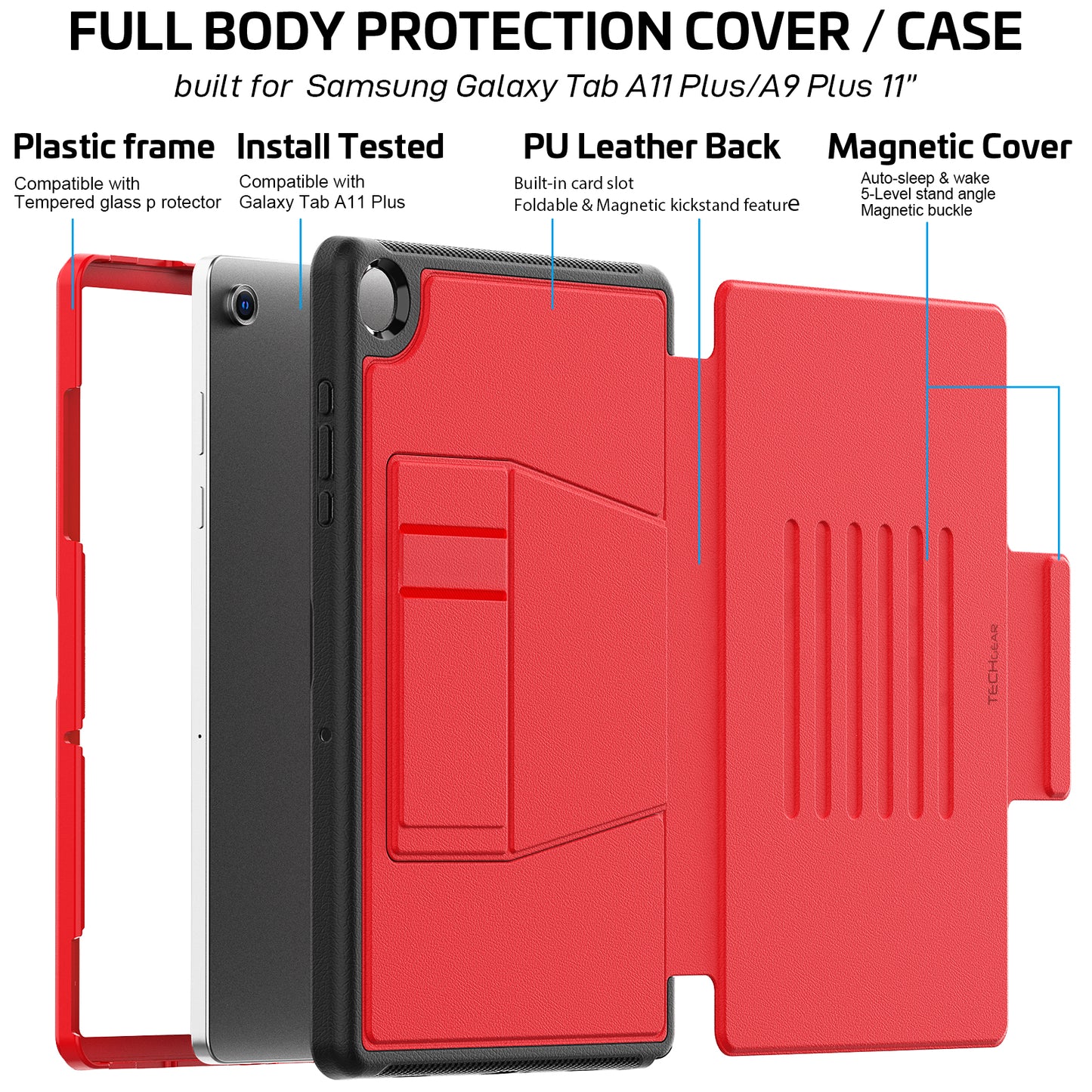 TECHGEAR Enduro Case for Samsung Galaxy Tab A11+ / A11 Plus 11"(SM-X230/X236) – Rugged Magnetic Smart Case with Stand, Card Slot & Trolley Compatible [Auto Sleep/Wake]