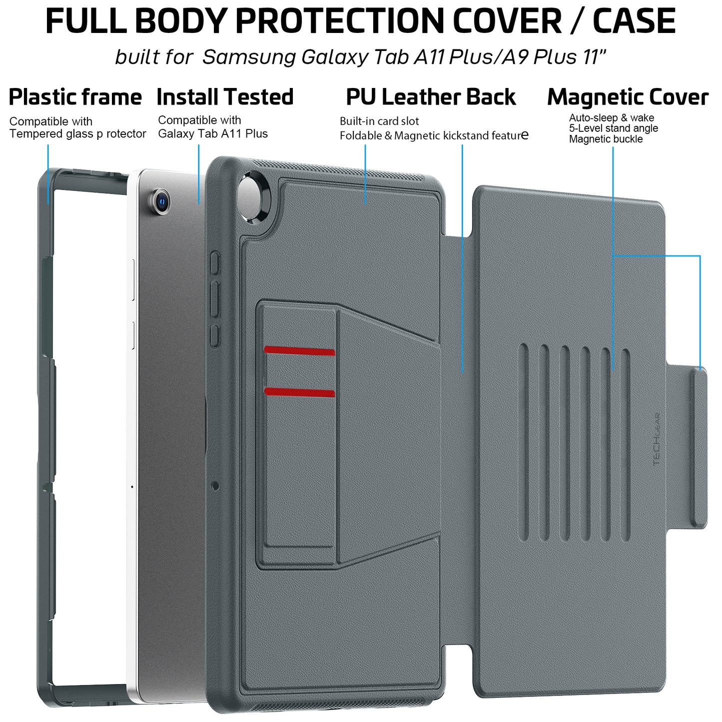 TECHGEAR Enduro Case for Samsung Galaxy Tab A11+ / A11 Plus 11"(SM-X230/X236) – Rugged Magnetic Smart Case with Stand, Card Slot & Trolley Compatible [Auto Sleep/Wake]