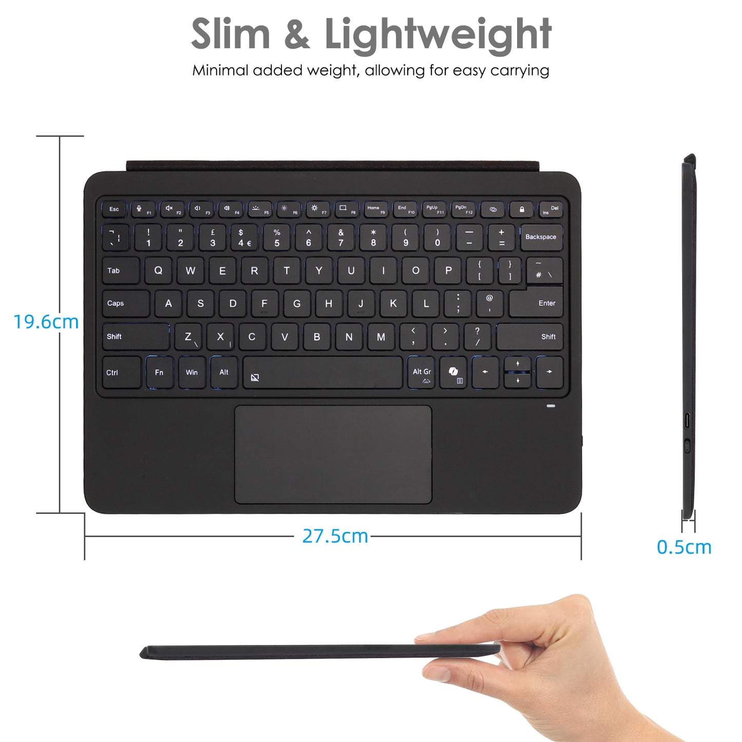 [Surface Keyboard] Slim Wireless Bluetooth Keyboard Cover, 7 Color Backlight, Precision Multi-Touch Trackpad for Microsoft Surface Pro 12