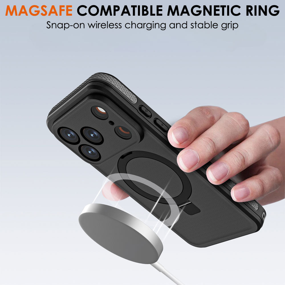 TECHGEAR Waterproof Magnetic Stand Case for iPhone 17 Pro 6.3" – IP68 Shockproof MagSafe Compatible Cover (Black / Orange)