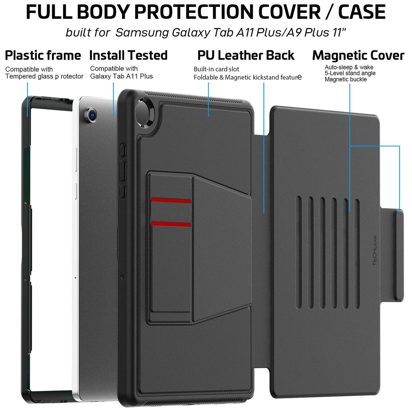 TECHGEAR Enduro Case for Samsung Galaxy Tab A11+ / A11 Plus 11"(SM-X230/X236) – Rugged Magnetic Smart Case with Stand, Card Slot & Trolley Compatible [Auto Sleep/Wake]