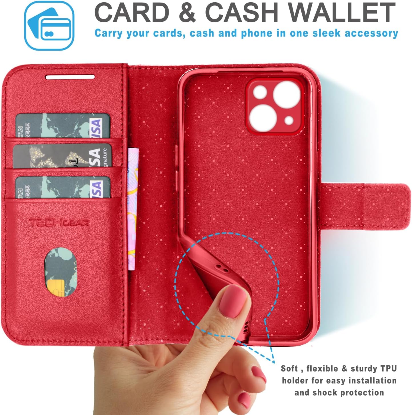 [Leather Wallet Case] Genuine Leather [RFID Blocking] Magnetic Flip Case with Card & Slots and Stand For iPhone 15 6.1"