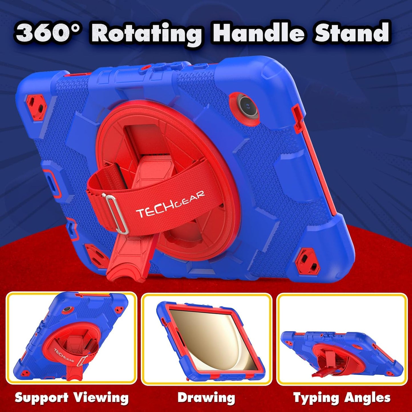 [SUPE Case] Tough Shockproof Fun Case with 360 Rotating Stand, Hand & Shoulder Strap for Samsung Galaxy Tab A9 8.7" (SM-X110 / SM-X115)